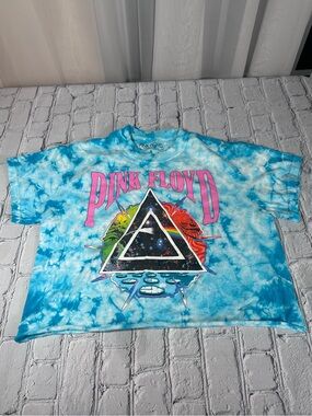 Pink Floyd Blue Tie-Dye Homemade Crop Top with Pink Logo Women’s Size Small